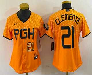 Womens Pittsburgh Pirates #21 Roberto Clemente Number Yellow 2023 City Connect Stitched Jersey2